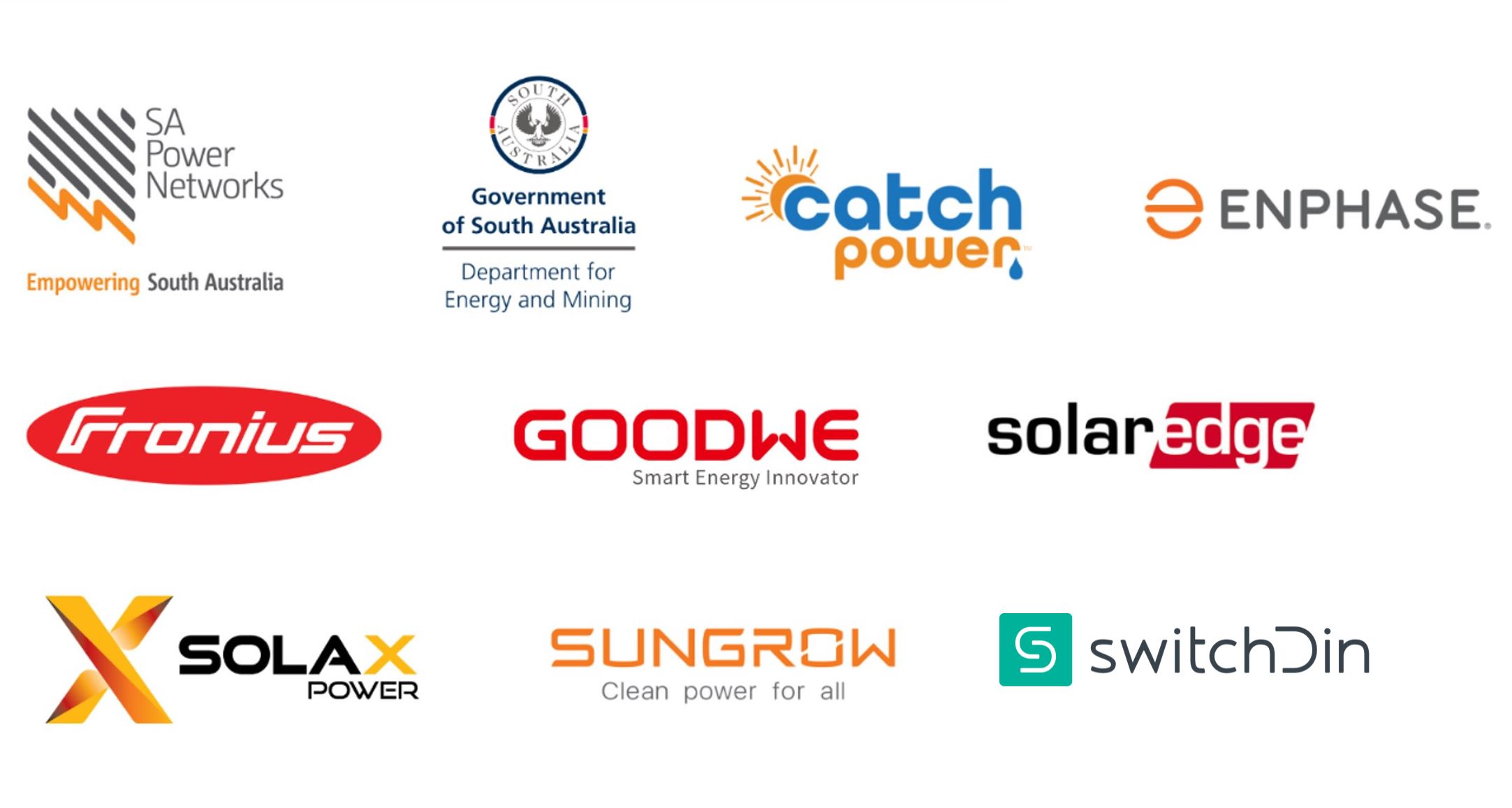 Dynamic exports for installers, partner logos including SA Power Networks, Government of South Australia Department for Energy and Mining, Catch Power, Enphase, Fronius, Goodwe, Solar Edge, Solax, Sungrow and Switchdin