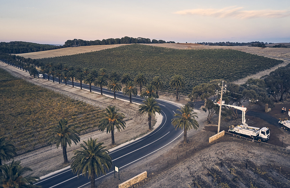 SA Power Networks power workers in an elevated work platform (EWP) truck complete powerline work in the Barossa area of South Australia.