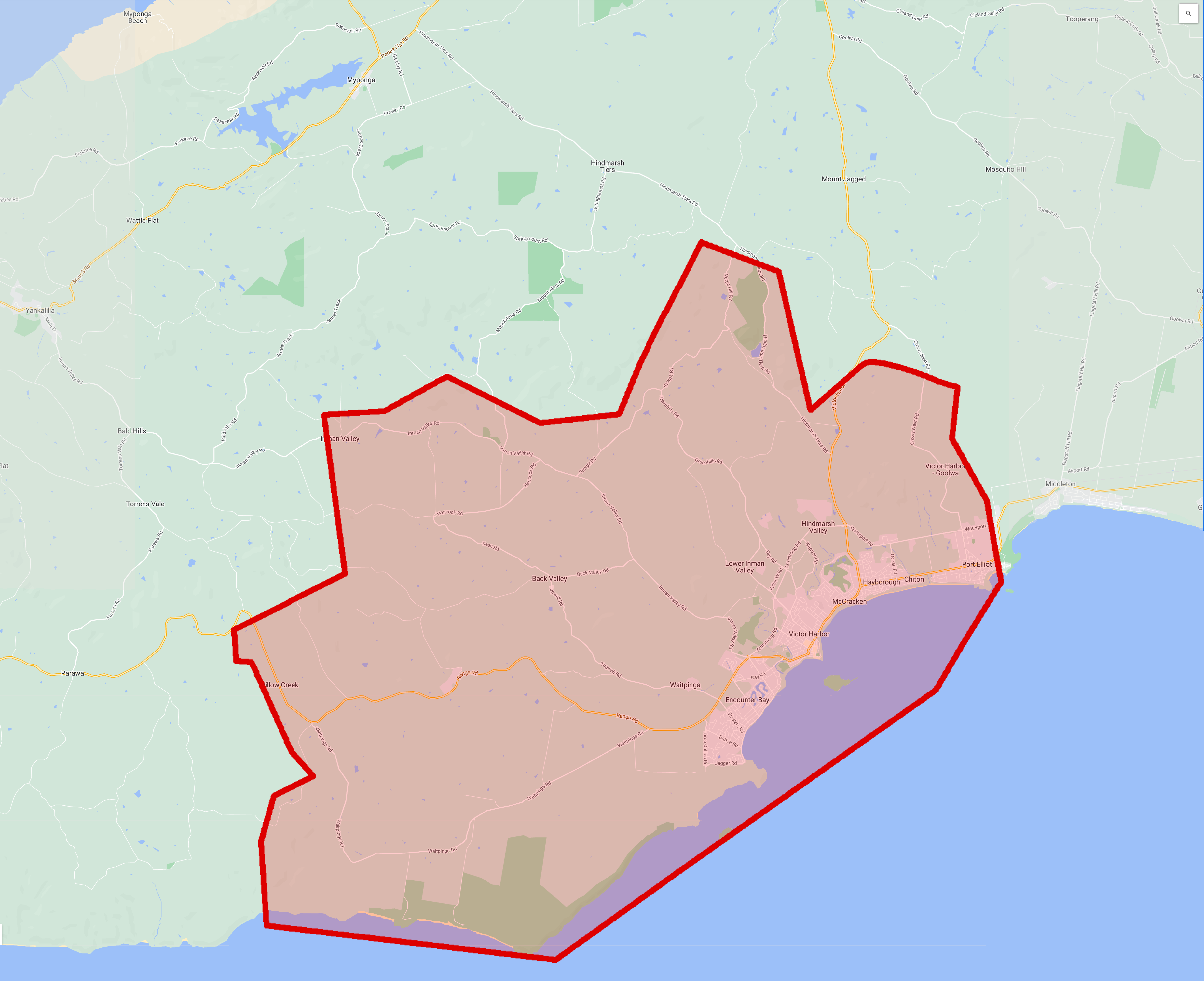 A map showing the indicative area that will be affected by a power outage during maintenance work on the substation at Victor Harbor in South Australia.