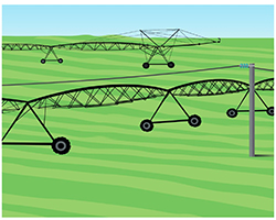 Look up and live graphic showing irrigation on a farm