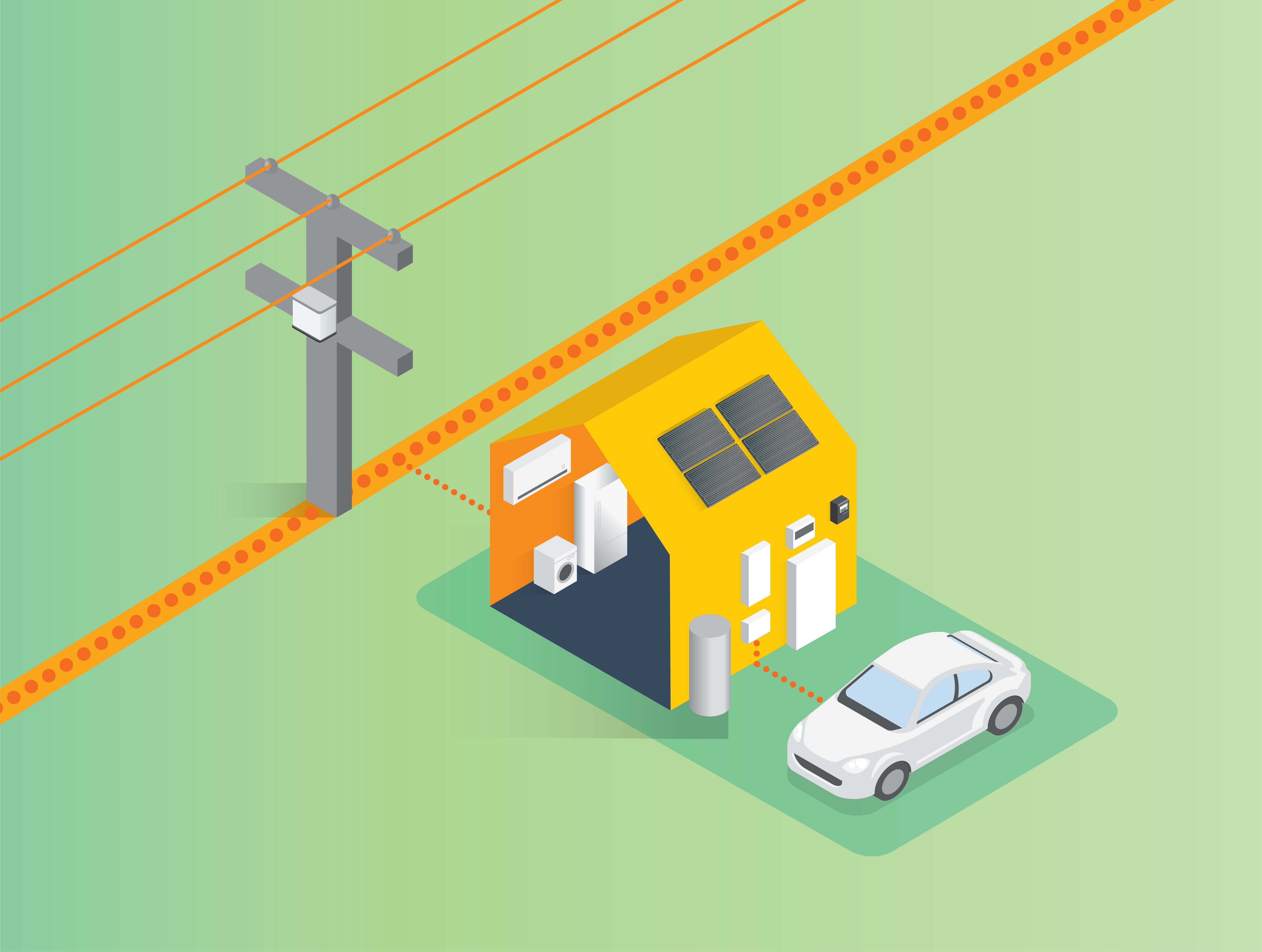 An illustration of an electric car parked next to a home, while the car is delivering electricity to the home via vehicle to grid technology.