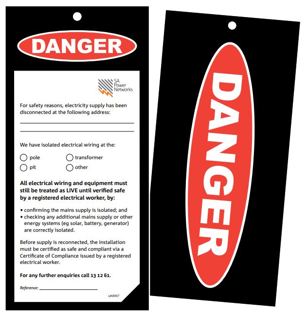 Example danger tags from SA Power Networks