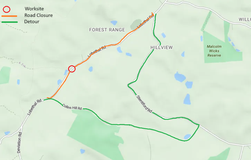 Indicative map of Lobathal Road closure during tree cutting at Forest Range.