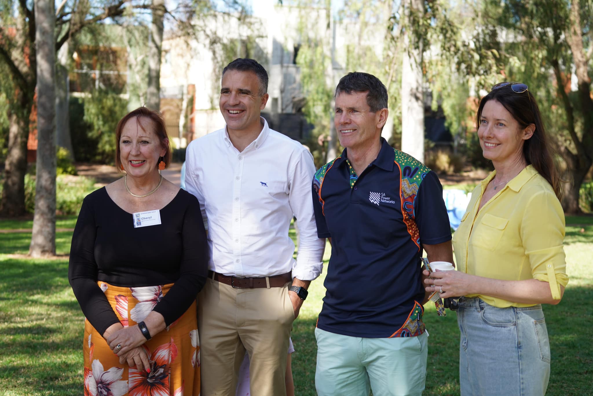 Cheryl Jaeschke, Coordinator Hindmarsh Greening with Peter Malinauskas Premier of SA, Andrew Bills CEO South Australia Power Networks and Bridget Alfred CEO SALA Festival at the launch of Bowden Bird Walk Art Trail.