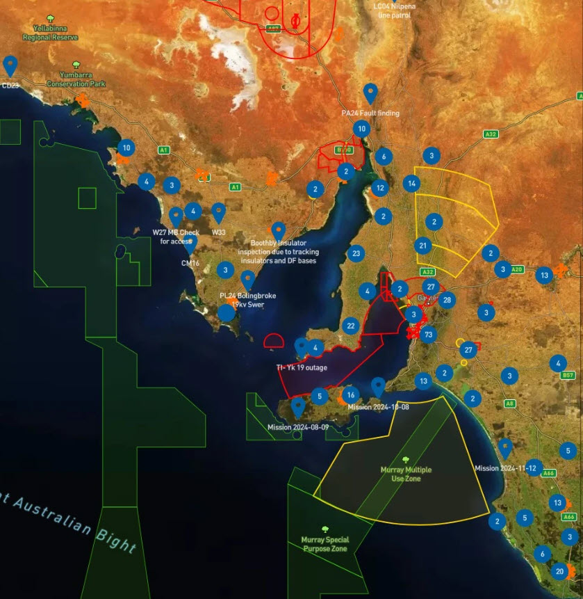A map of South Australia showing drone flights by SA Power Networks during 2024.
