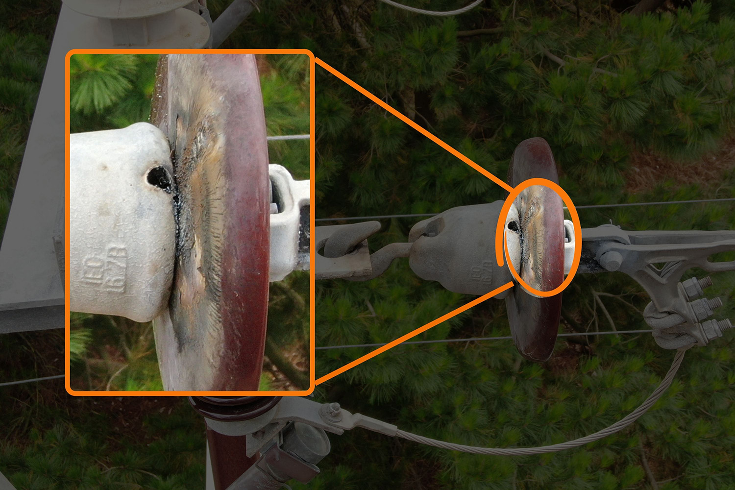 Disc insulator with small and hard to spot damage from lightning.