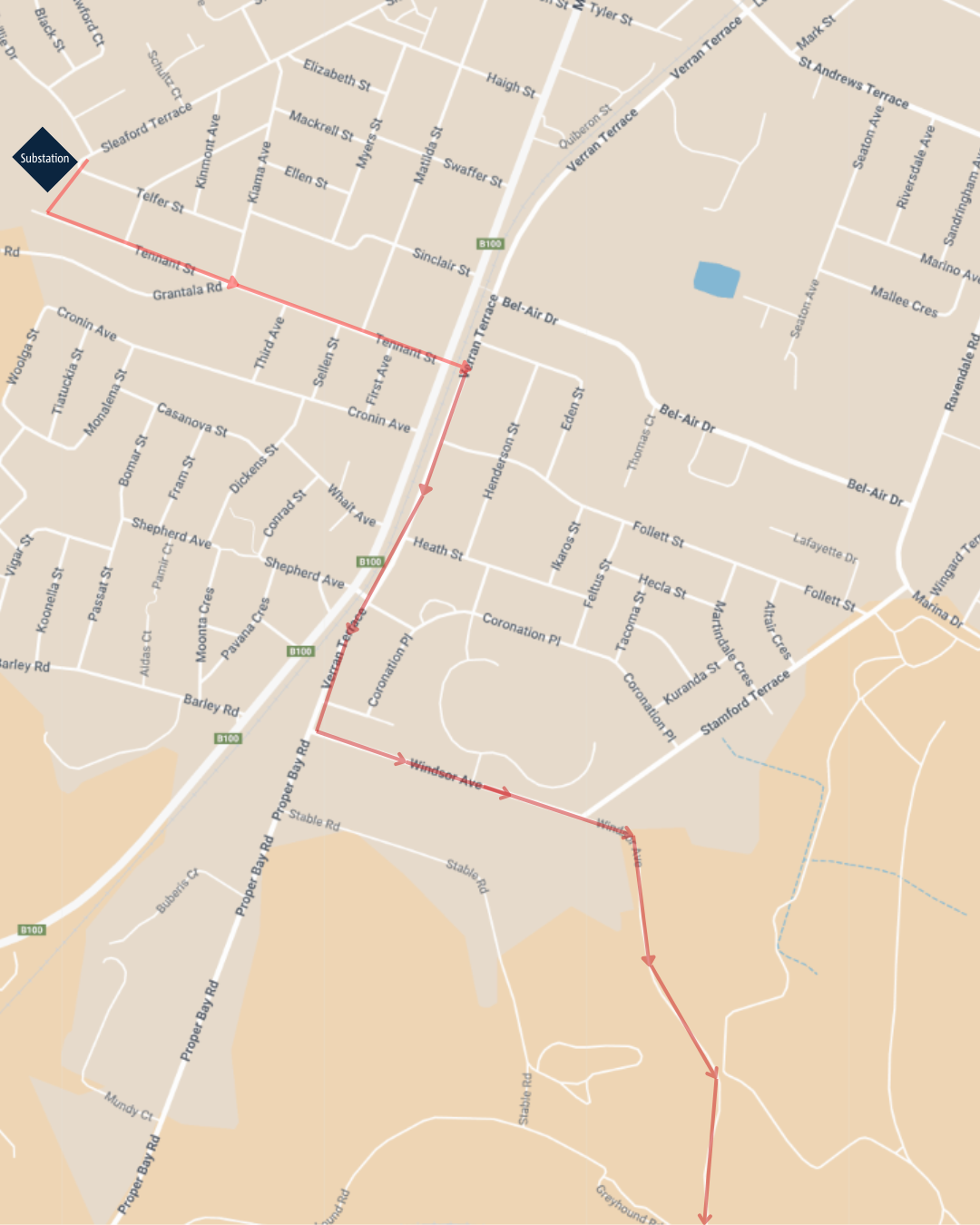 Indicative map of electrical construction works in the area from the Port Lincoln substation on Sleaford Terrace, progressing along Tennant Street, Verran Terrace, and onto Windsor Avenue to support the Port Lincoln desalination plant.