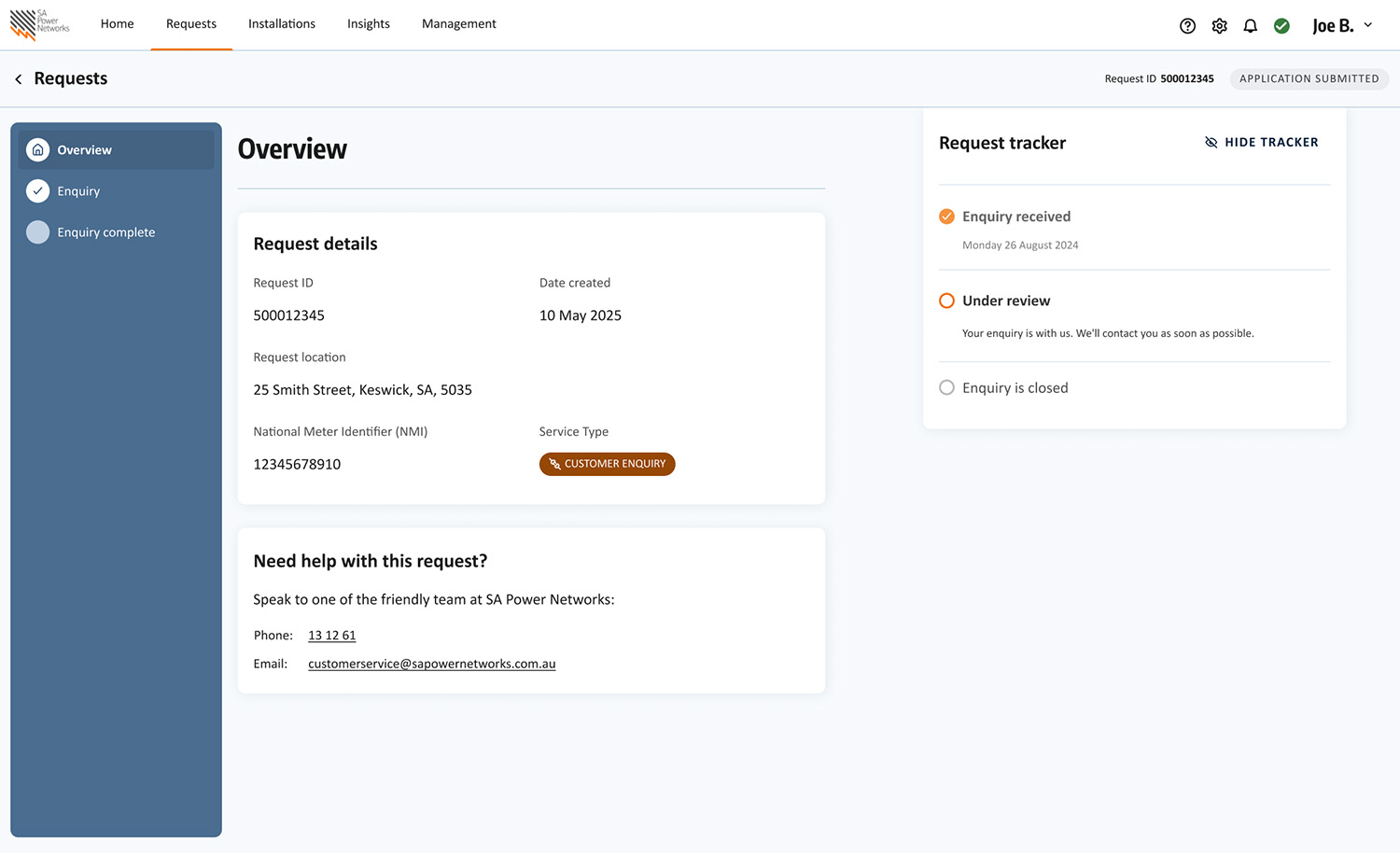 A screenshot of the Customer Enquiry functionality in the portal.