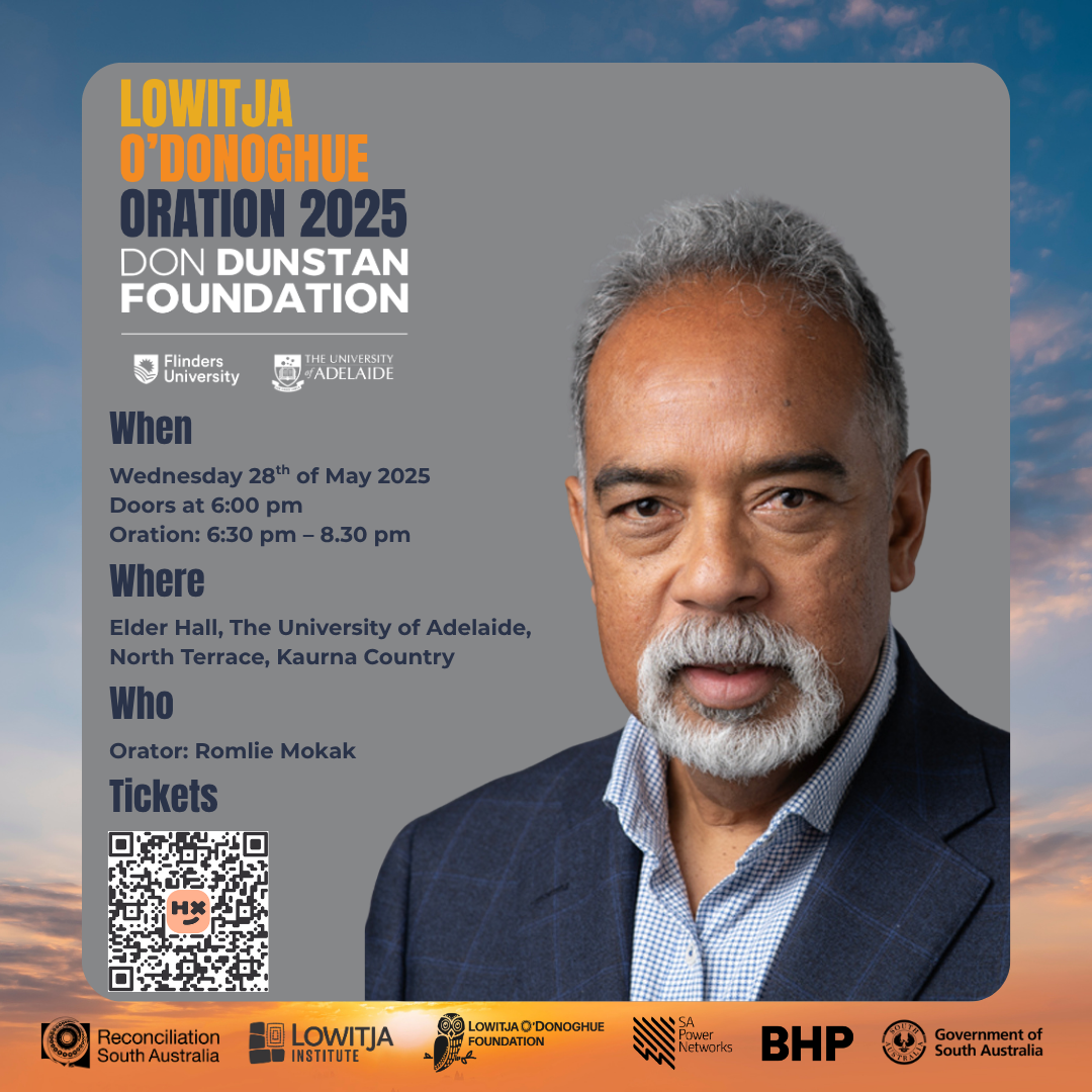 Flyer for the Lowitja O'Donoghue Oration 2025 show the picture of orator Romlie Mokak.
