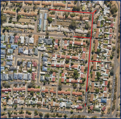A map showing the indicative works area for Acacia Drive in Whyalla.