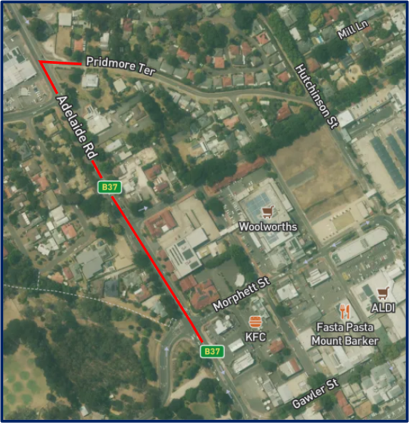 A map showing the indicative works area for Adelaide Road in Mount Barker