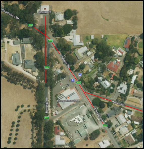 A map showing the indicative works area for Adelaide Road and surrounds in Echunga.