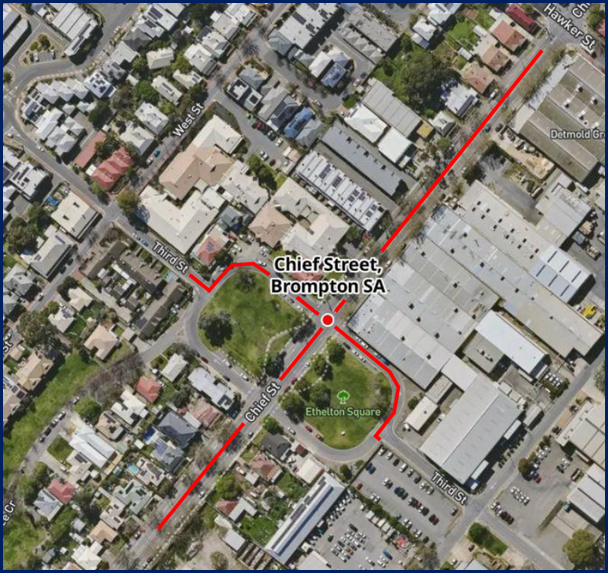 A map showing the indicative works area for Chief Street and surrounds in Brompton