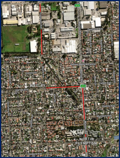 A map showing the indicative works area for Marion Road and surrounds in Netley.