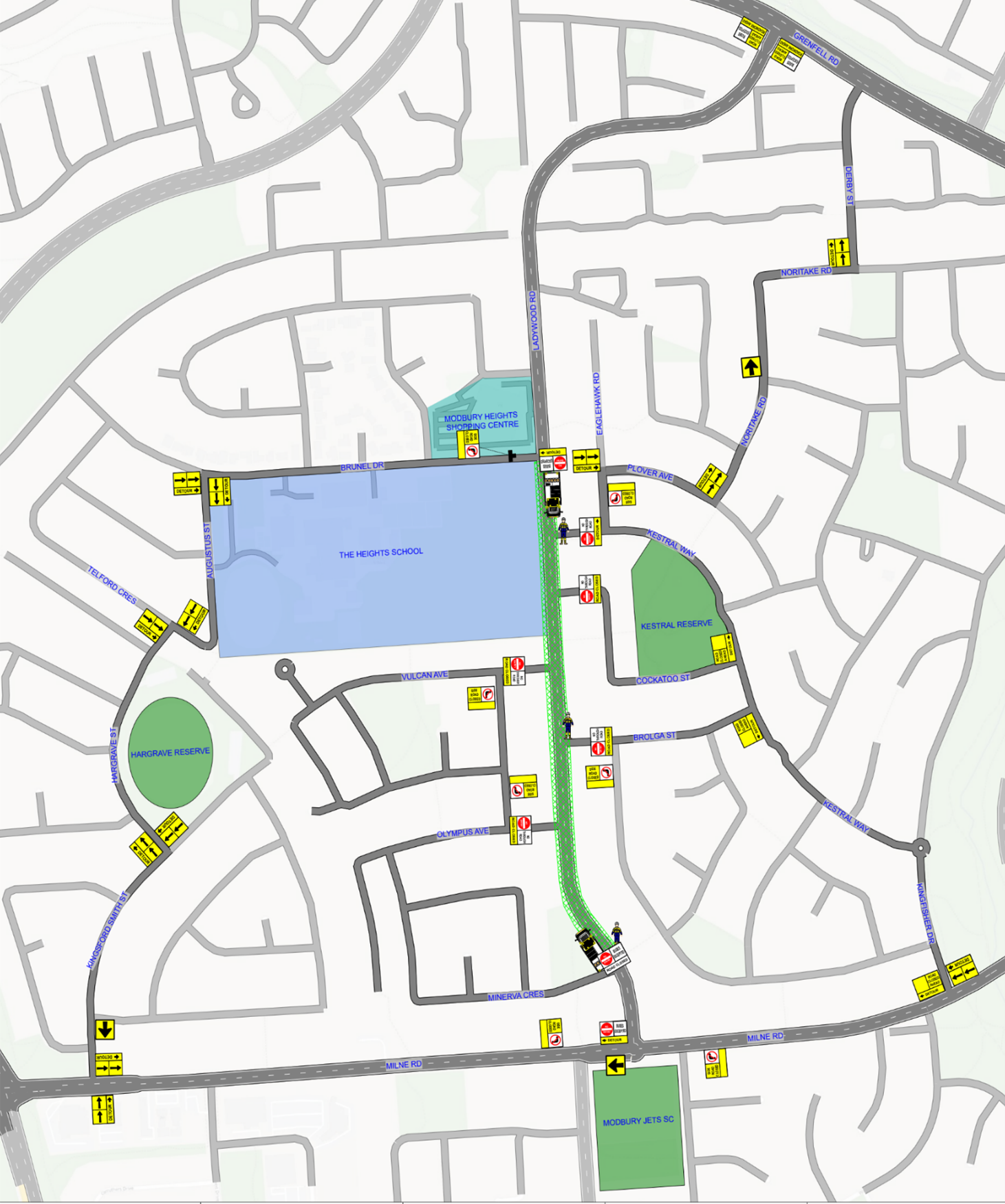 Map: a guide to traffic safety management with signposted detours.