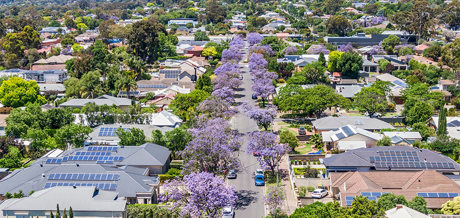 A general view of homes in Adelaide, many of them with renewable energy like solar panels.