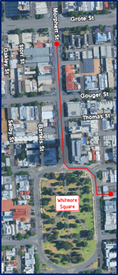 Indicative map of works for cable replacement from Morphett Street south of Grote Street to the Whitmore Square substation.