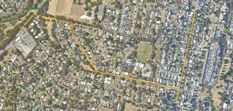 A map showing the indicative works area in Mount Barker along Flaxley Road and surrounds