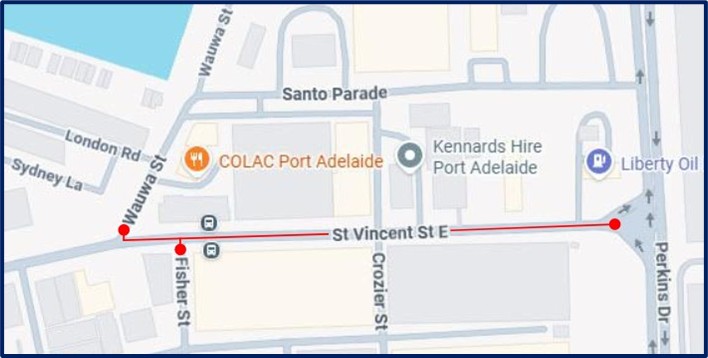A map showing the indicative works area along St Vincent Street and surrounds in Port Adelaide