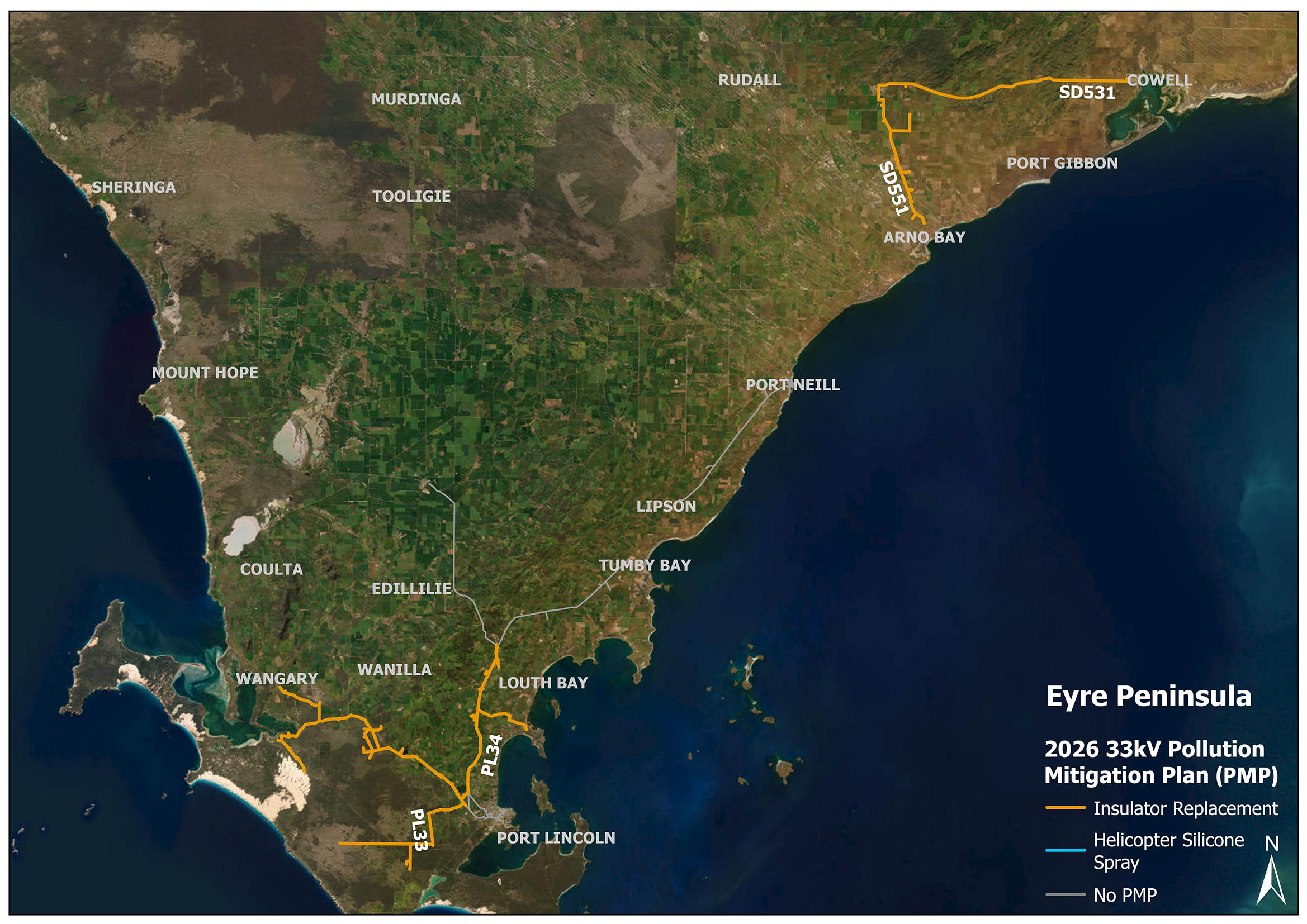 Map of Pollution Mitigation Plan (PMP) works on the Eyre Peninsula.