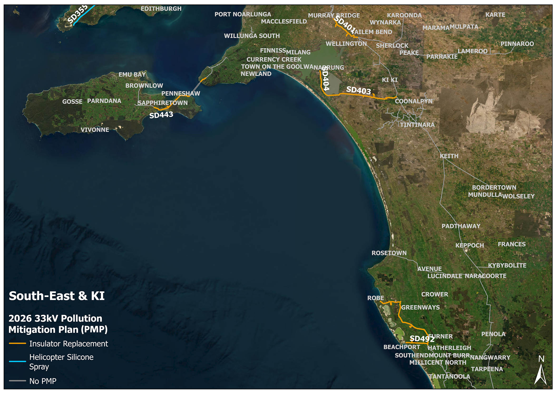 Map of Pollution Mitigation Plan (PMP) works on Kangaroo Island, the Fleurieu Peninsula and the South East of SA for 2026.