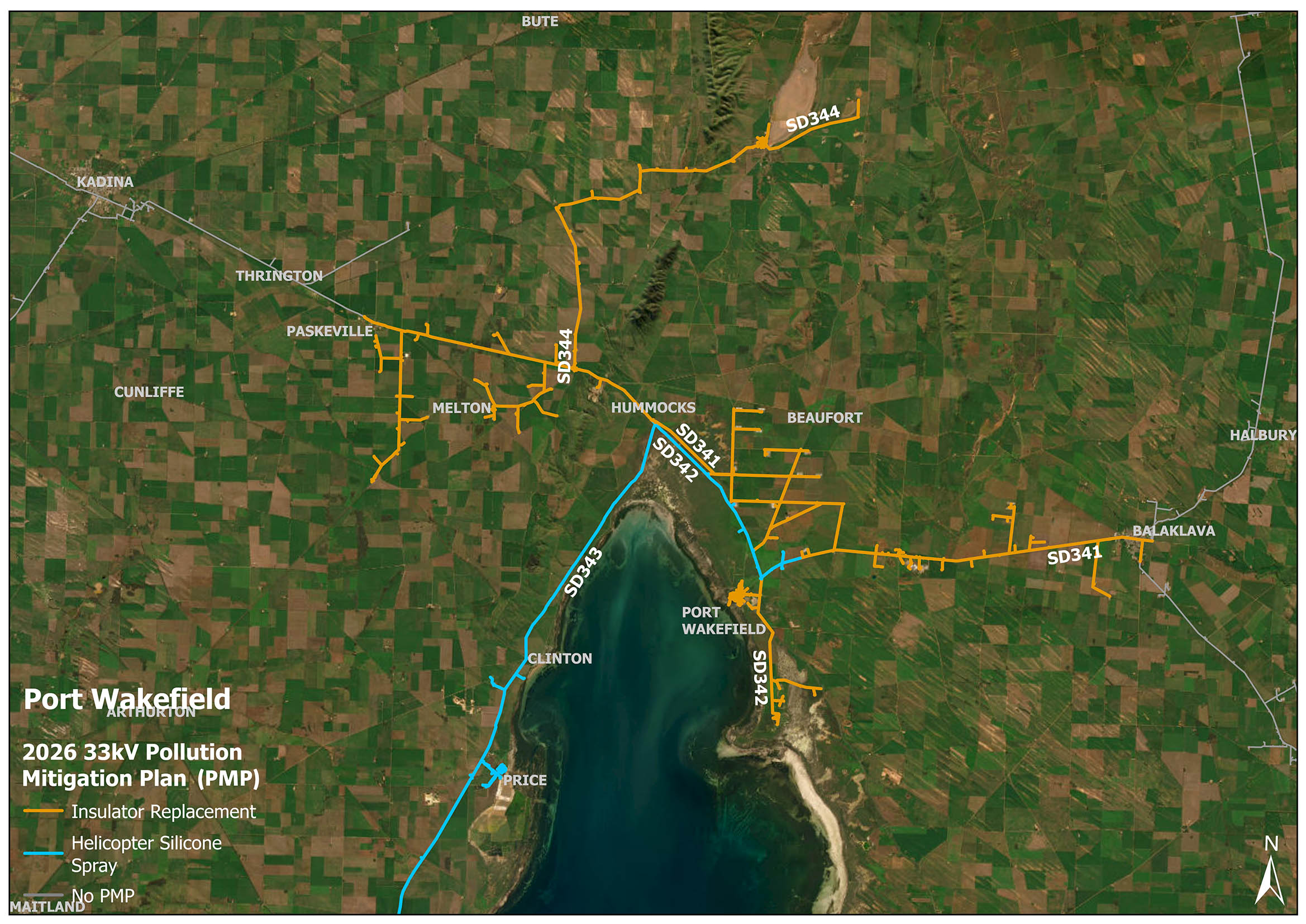 Map of Pollution Mitigation Plan (PMP) works in the Mid North at Port Wakefield and Clare around the Hummocks area for 2026.