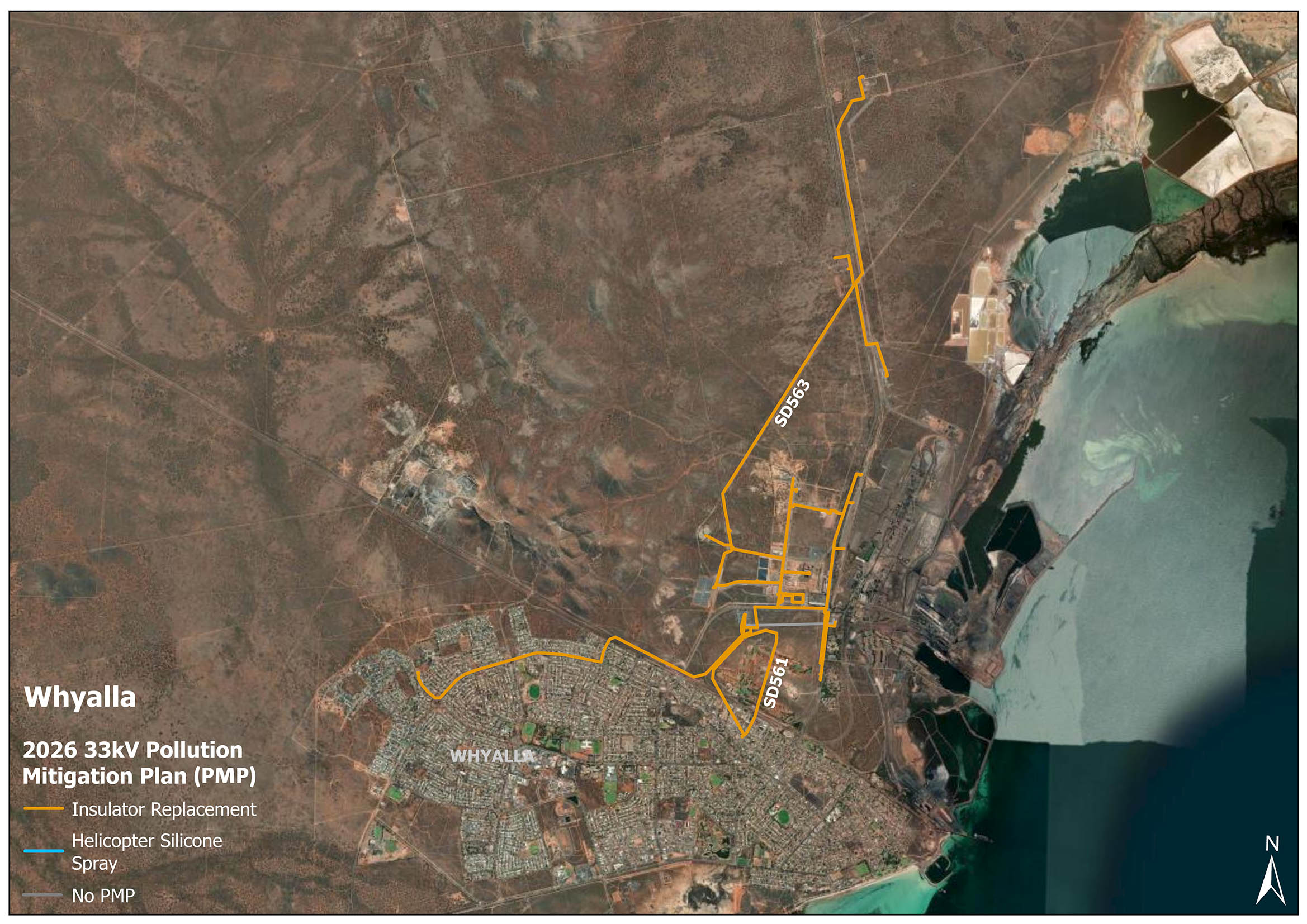 Map of Pollution Mitigation Plan (PMP) works for Whyalla and surrounds for 2026.