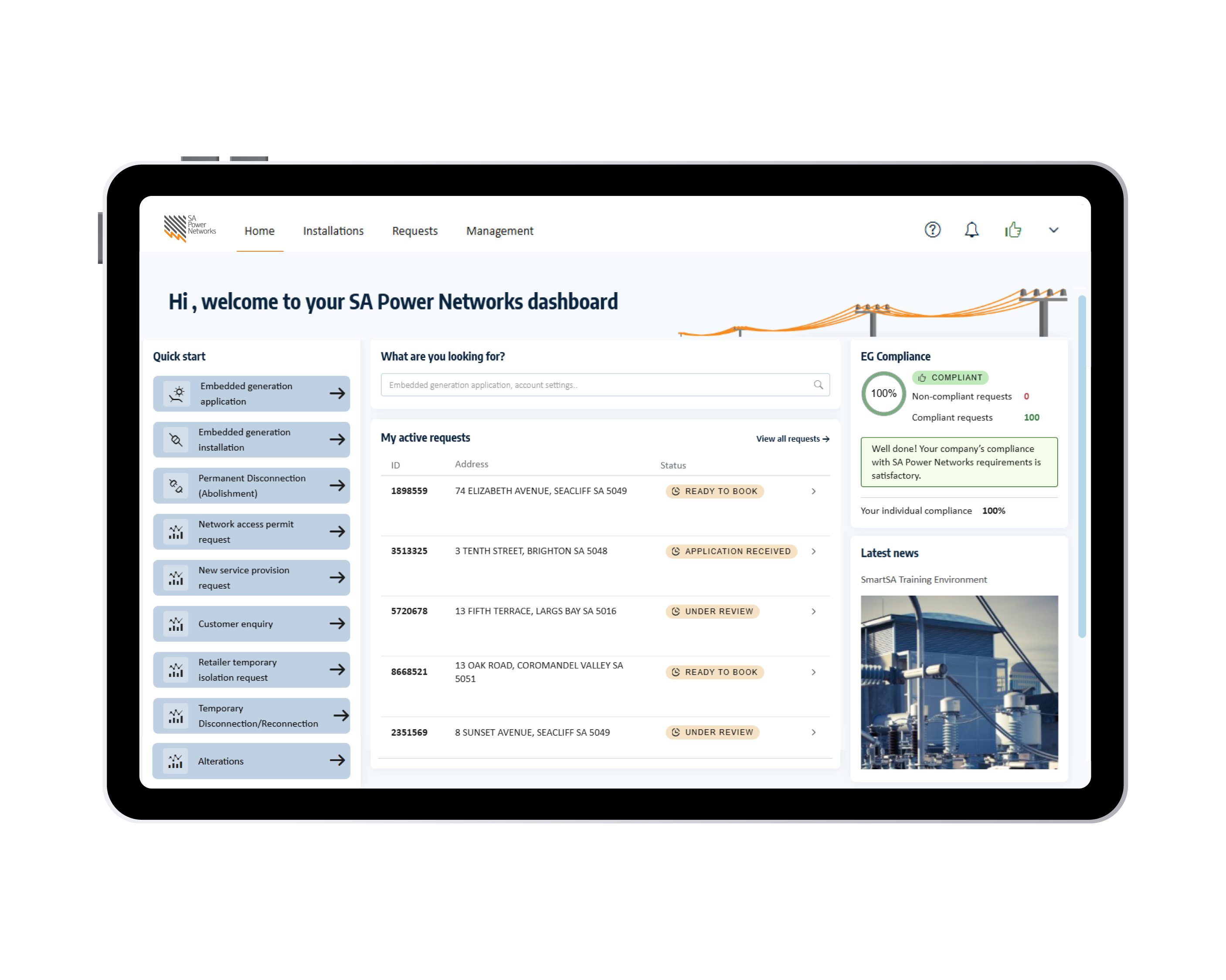 A screen shot example of SA Power Networks Portal.