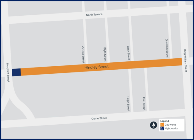 A map showing the indicative works area on Hindley Street.