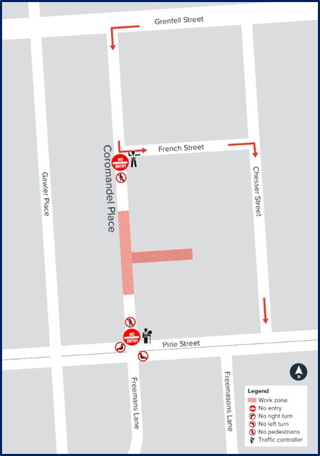 A map showing the indicative works area along Coromandel Place and surrounds in Adelaide, CBD