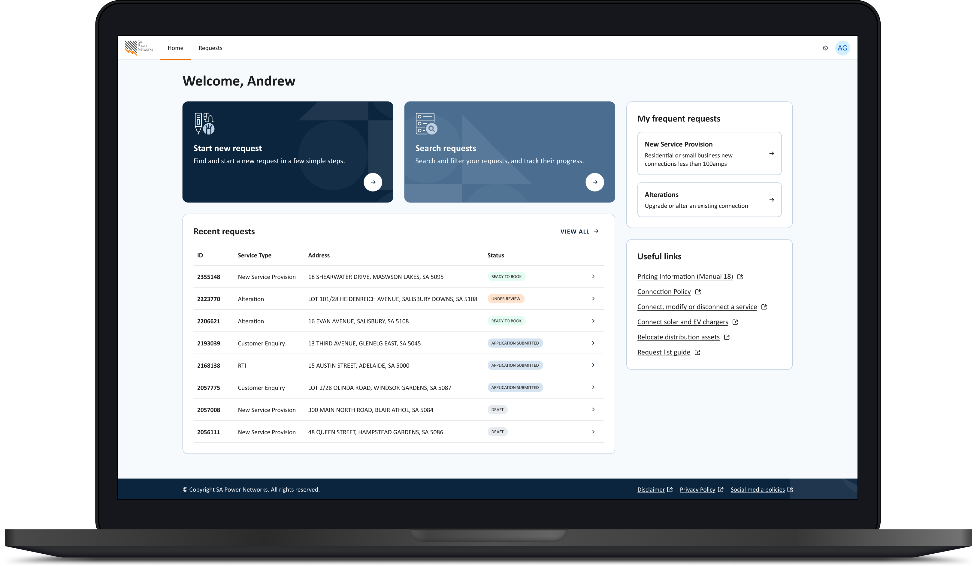 A screen shot of SA Power Networks' Portal desktop environment