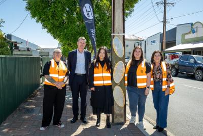 Helpmann Stobie Pole Project 2025 artists with Andrew Bills - George Street, Thebarton 
